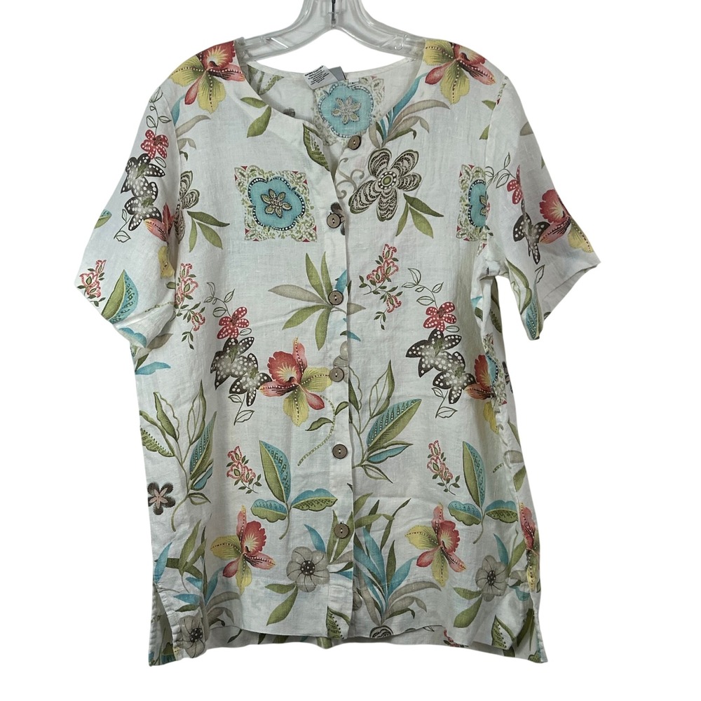 Hot Cotton by Marc Ware Womens Large Linen Floral Button Front Blouse USA